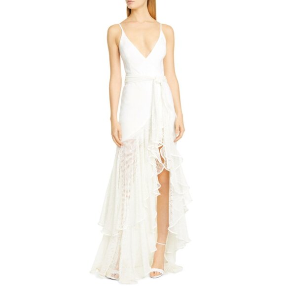 NWT PatBo Mesh‎ Trim Linen Maxi Dress With Ruffled High Low White Size 12 - Picture 1 of 16